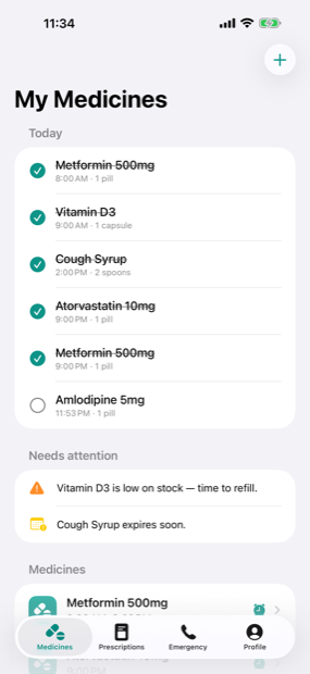 Today's doses in MedicoAlarm, with taken doses ticked off and the next one due.