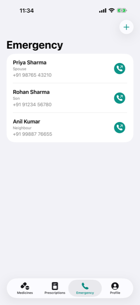 Emergency contacts, each callable with one tap.