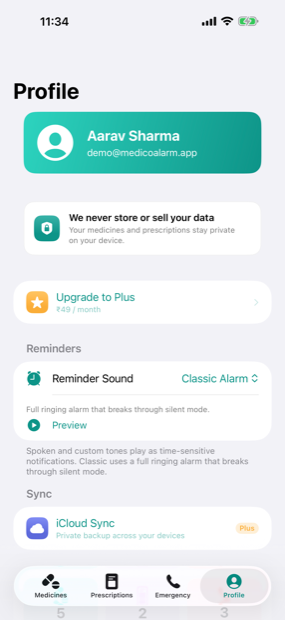 Profile settings showing the privacy promise and reminder sound options.