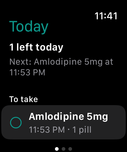 MedicoAlarm on Apple Watch showing the next dose due.